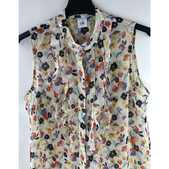 Cabi Tux Ruffle Sleeveless Sheer Blouse #6108 Floral Multi-Colored Top Sz Large - Picture 3 of 10